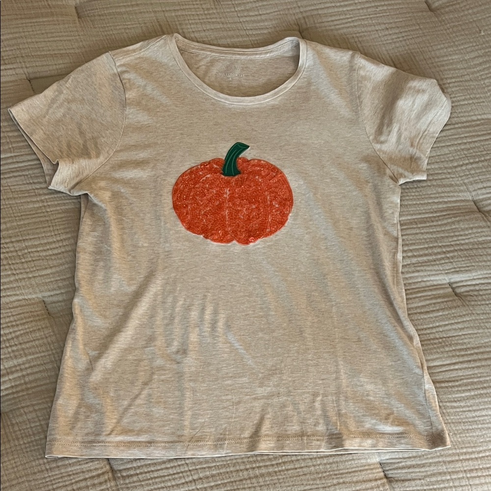 J. Crew Beige T-Shirt with Orange Sparkly Pumpkin Graphic